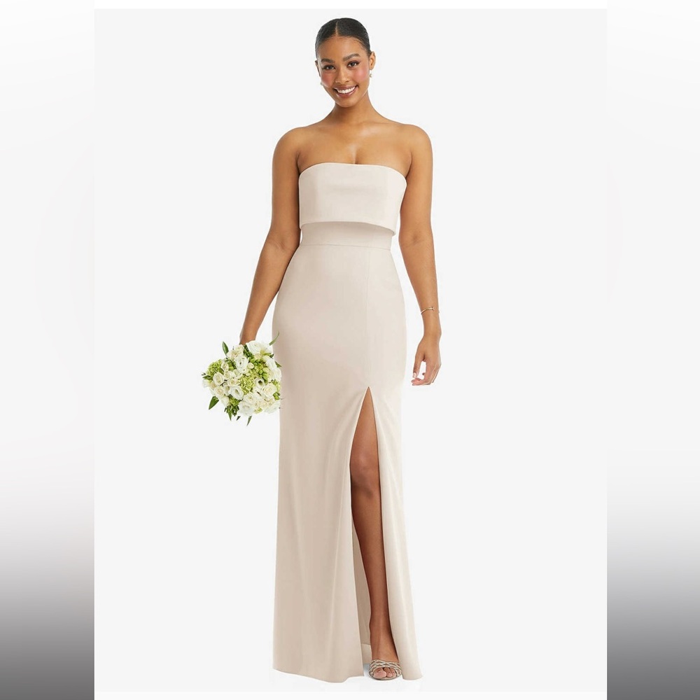 Dessy Group Strapless Crepe Maxi Dress in Oat